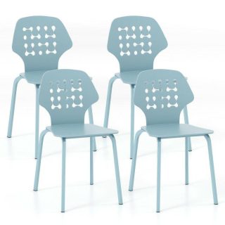 Dining Chairs | Set of 4 Metal Dining Chair with Hollowed Backrest and Metal Legs Blue Dining Chairs Blue