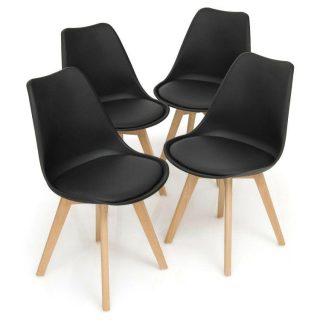 Dining Chairs | Set of 4 Modern High Backrest Dining Chairs with Wooden Legs Black Dining Chairs Black