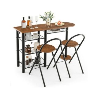 Dining Room Sets | 3 Pieces Retro Dining Table Set with 4-Tier Storage Shelf Retro Brown Dining Room Sets Dining Room Sets