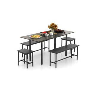 Dining Room Sets | 5 Piece Dining Table Set for 4-6 with 2 Benches & 2 Stools for Kitchen Dining Room Black Dining Room Sets Black