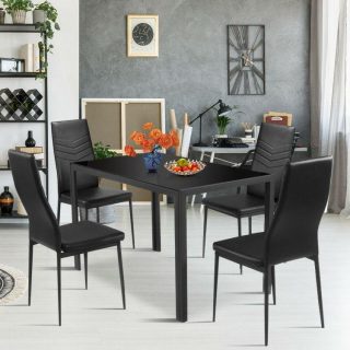 Dining Room Sets | 5 Piece Kitchen Dining Set Glass Metal Table and 4 Chairs Breakfast Furniture Black Dining Room Sets Black