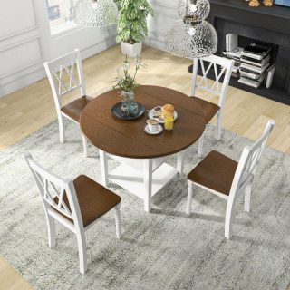 Dining Room Sets | 5 Piece Round Kitchen Dining Set with Drop Leaf Table Top Walnut, White Dining Room Sets Dining Room Sets