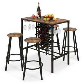 Dining Room Sets | 5 Pieces Bar Table and Stools Set with Wine Rack and Glass Holder Rustic Brown Dining Room Sets Dining Room Sets