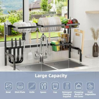 Dish Racks | 2 Tier Adjustable Over Sink Dish Drying Rack with 8 Hooks Black Black