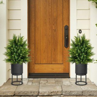 Faux Plants | 2-Pack Artificial Cedar Topiary Ball Tree with Cement Pot Decorative Accessories Faux Plants