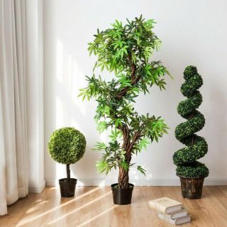 Faux Plants | 2 Pieces 4 Feet Artificial Décor Green Boxwood Spiral Tree Set Green Decorative Accessories Faux Plants