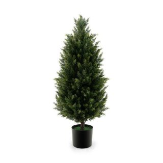 Faux Plants | 3 Feet Artificial Topiary Cedar Tree with Cement Plastic Pot and Realistic Moss Green Decorative Accessories Faux Plants