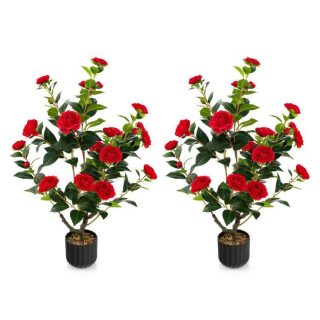 Faux Plants | 38 Inch Artificial Camellia Tree Faux Flower Plant in Cement Pot 2 Pack Red Decorative Accessories Faux Plants