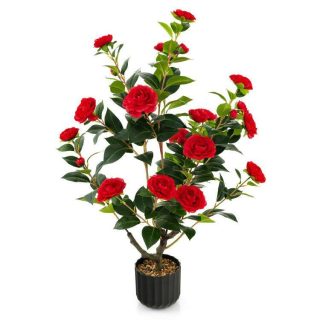 Faux Plants | 38 Inch Artificial Camellia Tree Faux Flower Plant in Cement Pot Red Decorative Accessories Faux Plants