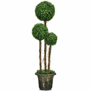 Faux Plants | 4 Feet Artificial UV Resistant Topiary Triple Ball Tree Plant Green Decorative Accessories Faux Plants