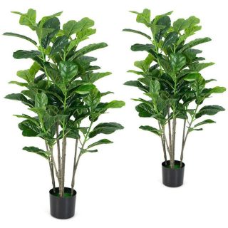 Faux Plants | 51 Inch 2-Pack Artificial Fiddle Leaf Fig Tree for Indoor and Outdoor Green Decorative Accessories Faux Plants