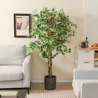 Faux Plants | Artificial Ficus Tree Tall Faux Indoor Plant with 1008 Leaves Nursery Pot and Dried Moss Decorative Accessories Faux Plants