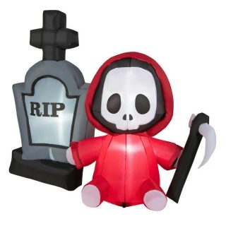 Halloween | 5 Feet Inflatable Halloween Ghost Holding Sickle and Tombstone Yard Decor White, Red Halloween Halloween