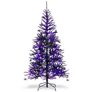 Halloween | 6 Feet Pre-Lit Hinged Halloween Tree with 250 Purple LED Lights and 25 Ornaments Black Halloween Black