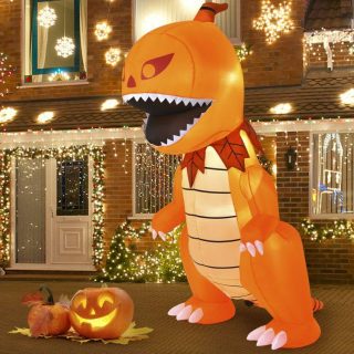 Halloween | 8 Feet Halloween Inflatable Pumpkin Head Dinosaur with LED Lights and 4 Stakes Orange Halloween Halloween