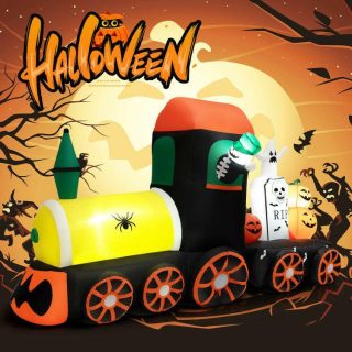 Halloween | 8 Feet Halloween Inflatable Skeleton Ride on Train with LED Lights Black, Orange, Yellow, Green Halloween Black, Orange, Yellow, Green