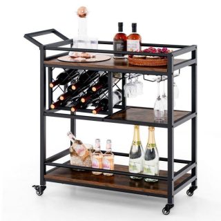 Kitchen Islands & Carts | 3-tier Bar Cart on Wheels Home Kitchen Serving Cart with Wine Rack and Glasses Holder Rustic Brown Kitchen & Dining Kitchen Islands & Carts