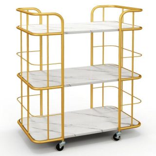 Kitchen Islands & Carts | 3-Tier Metal Kitchen Storage Serving Cart Trolley with Marble Tabletop and Handles Golden Kitchen & Dining Golden