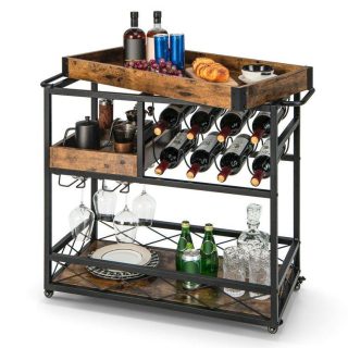 Kitchen Islands & Carts | 3-Tier Rolling Bar Cart with Removable Tray and Wine Rack Rustic Brown Kitchen & Dining Kitchen Islands & Carts