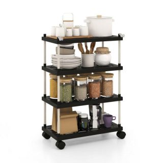 Kitchen Islands & Carts | 4-Tier Kitchen Slim Storage Cart with Lockable Wheels Black Kitchen & Dining Black