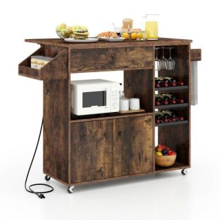 Kitchen Islands & Carts | Drop Leaf Mobile Kitchen Island Cart with Power Outlet and Adjustable Shelf Rustic Brown Kitchen & Dining Kitchen Islands & Carts