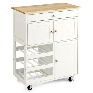 Kitchen Islands & Carts | Kitchen Cart with Rubber Wood Top 3 Tier Wine Racks 2 Cabinets White Kitchen & Dining Kitchen Islands & Carts