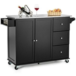 Kitchen Islands & Carts | Kitchen Island 2-Door Storage Cabinet with Drawers and Stainless Steel Top Black Kitchen & Dining Black