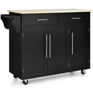 Kitchen Islands & Carts | Kitchen Island Cart with Knife Block and Lockable Castors Black Kitchen & Dining Black