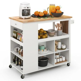 Kitchen Islands & Carts | Kitchen Island Trolley Cart on Wheels with Storage Open Shelves and Drawer White Kitchen & Dining Kitchen Islands & Carts