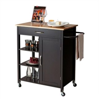 Kitchen Islands & Carts | Mobile Kitchen Island Cart with Rubber Wood Top Brown Kitchen & Dining Brown