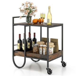 Kitchen Islands & Carts | Rolling Buffet Serving Cart with Removable Metal Wire Wine Rack Brown Kitchen & Dining Brown