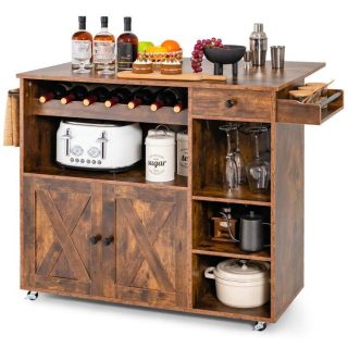 Kitchen Islands & Carts | Rolling Kitchen Island Cart with Drop Leaf and Wine Rack Rustic Brown Kitchen & Dining Kitchen Islands & Carts