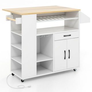 Kitchen Islands & Carts | Rolling Kitchen Island Cart with Power Outlet for Dining Room White Kitchen & Dining Kitchen Islands & Carts