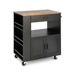 Kitchen Islands & Carts | Rolling Kitchen Trolley with 3 Spice Racks Drawer and Open Shelf Black Kitchen & Dining Black