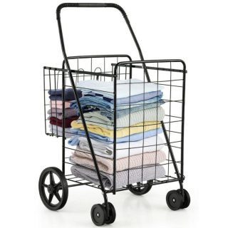 Kitchen Tools | Folding Shopping Cart with Swiveling Wheels and Dual Storage Baskets Black Kitchen Black