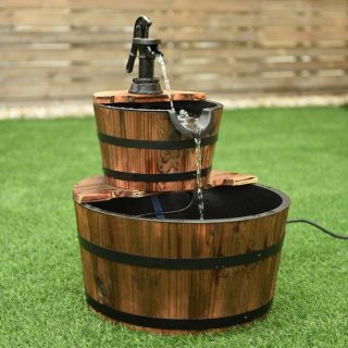 Outdoor Decor | 2-Tiers Outdoor Wooden Barrel Waterfall Fountain with Pump Brown Decorative Accessories Brown