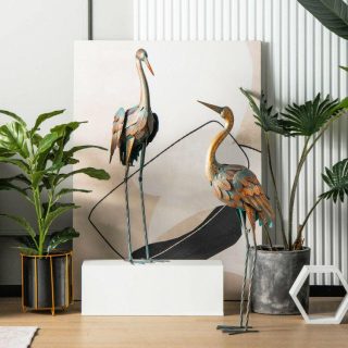 Outdoor Decor | Set of 2 Crane Garden Statues Standing Metal Crane Sculptures Bird Decorative Accessories Outdoor Decor