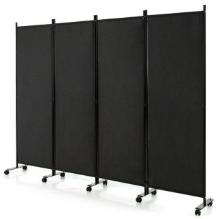 Room Dividers | 4-Panel Folding Room Divider Privacy Screen with Lockable Wheels Black Decorative Accessories Black