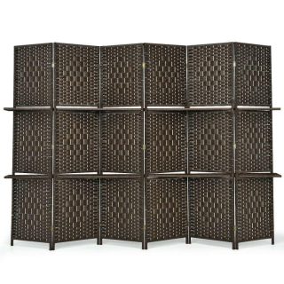 Room Dividers | 6 Panel Folding Weave Fiber Room Divider with 2 Display Shelves Brown Decorative Accessories Brown