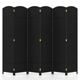 Room Dividers | 6-Panel Room Divider 5.6 FT Tall Folding Privacy Screen with Hand-woven Texture Black Decorative Accessories Black