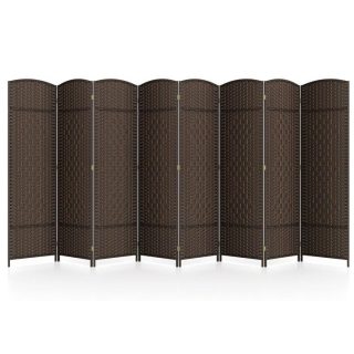 Room Dividers | 8-Panel Folding Room Divider with Hand-Woven Texture and Solid Wood Frame Brown Decorative Accessories Brown