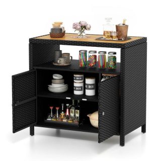 Sideboards, Cabinets & Buffets | Rattan Storage Cabinet with Acacia Wood Countertop for Poolside Deck and Patio Black Kitchen & Dining Black