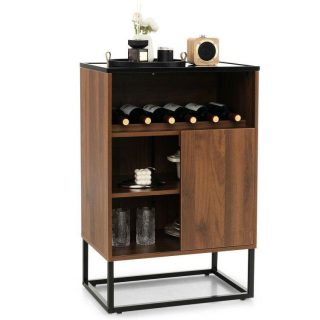 Sideboards, Cabinets & Buffets | Wine Storage Cabinet Buffet Sideboard with Adjustable Shelf and Sliding Door Brown Kitchen & Dining Brown