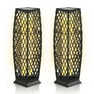 Table & Floor Lamps | 2 Pieces Solar-Powered Diamond Wicker Floor Lamps with Auto LED Light Black Lighting Black