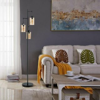 Table & Floor Lamps | Retro Floor Lamp with 3-Head Hanging Amber Glass Shade Black Lighting Black