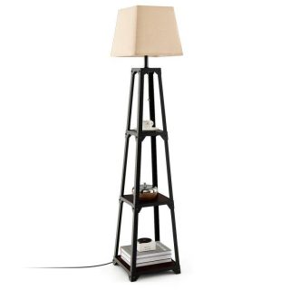 Table & Floor Lamps | Trapezoidal Designed Floor Lamp with 3 Tiered Storage Shelf Brown Lighting Brown