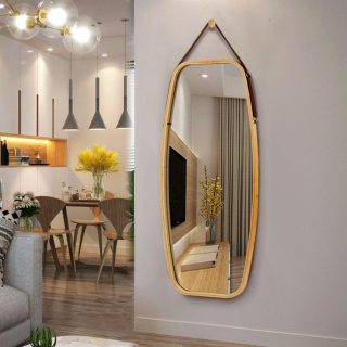 Wall Mirrors | Modern Wall Mirror with Bamboo Frame and Adjustable Leather Strap Natural Bamboo Mirrors Natural Bamboo