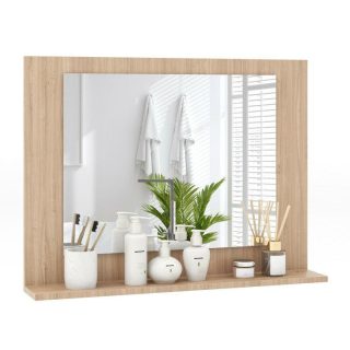 Wall Mirrors | Rectangle Bathroom Mirror with Shelf 23.5 x 17.5 Inch and Wood Frame Brown Mirrors Brown