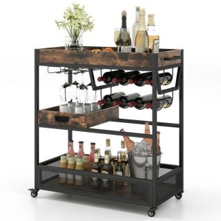 Wine Racks | 3-Tier Industrial Buffet Serving Cart with Wine Rack Rustic Brown Kitchen Organization Rustic Brown