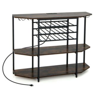 Wine Racks | 3-Tier Wine Bar Cabinet with Storage Shelves Brown Kitchen Organization Brown